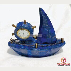 Genuine Lapis Lazuli Boat Decorative Piece With Watch, Handmade Lapis Gemstone